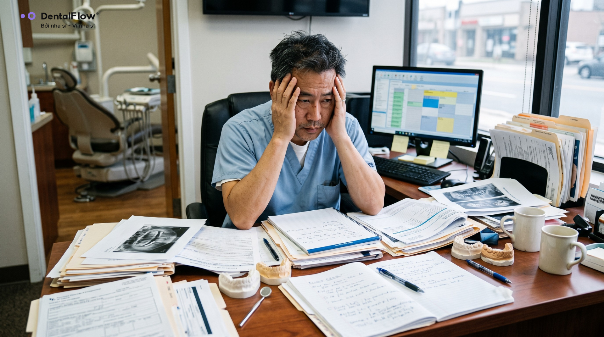 bác sĩ đau đầu với giấy tờ thủ công